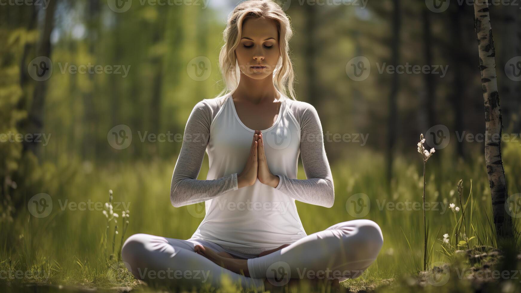 ai gerado bonita jovem mulher fazendo ioga dentro a natureza, ioga Tempo dentro a natureza, mulher relaxante dentro a natureza, bonita mulher fazendo ioga exercício foto