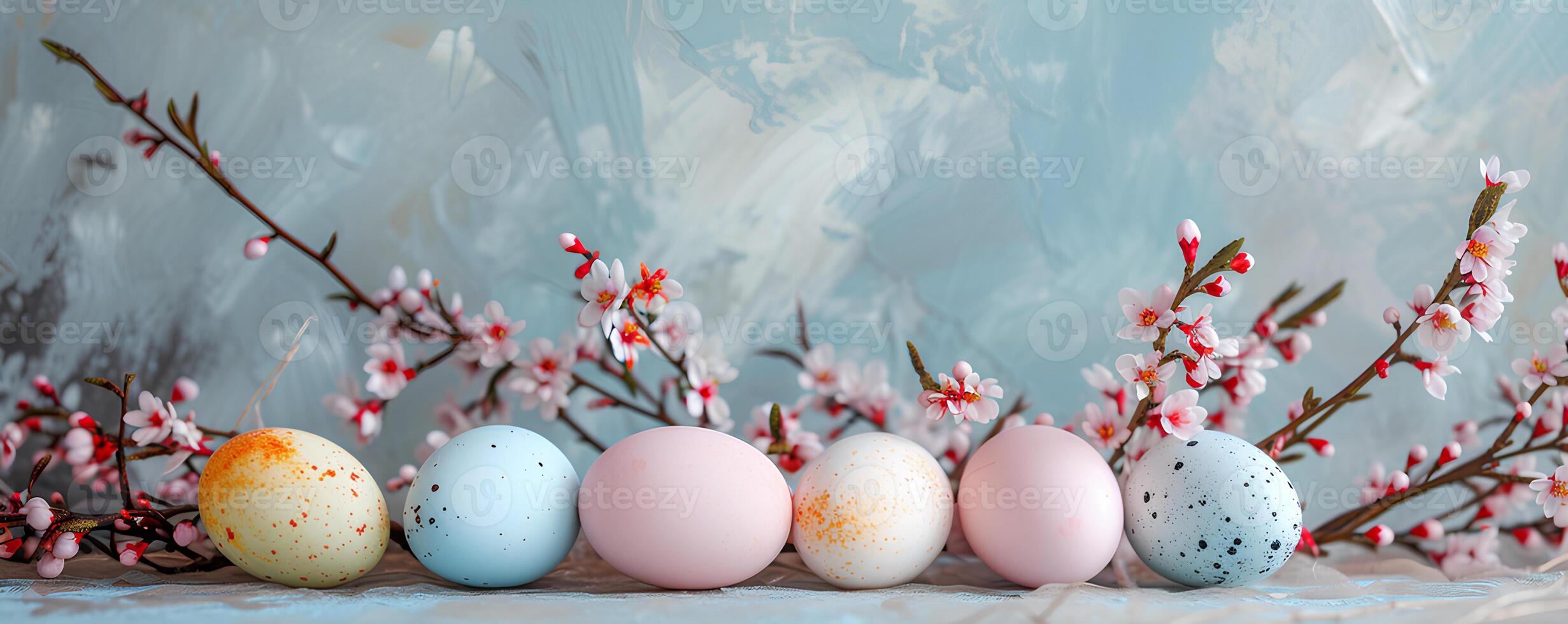 ai gerado desenho animado colori Páscoa ovos e Primavera flores com copyspace cartão em azul fundo, Páscoa feriado foto