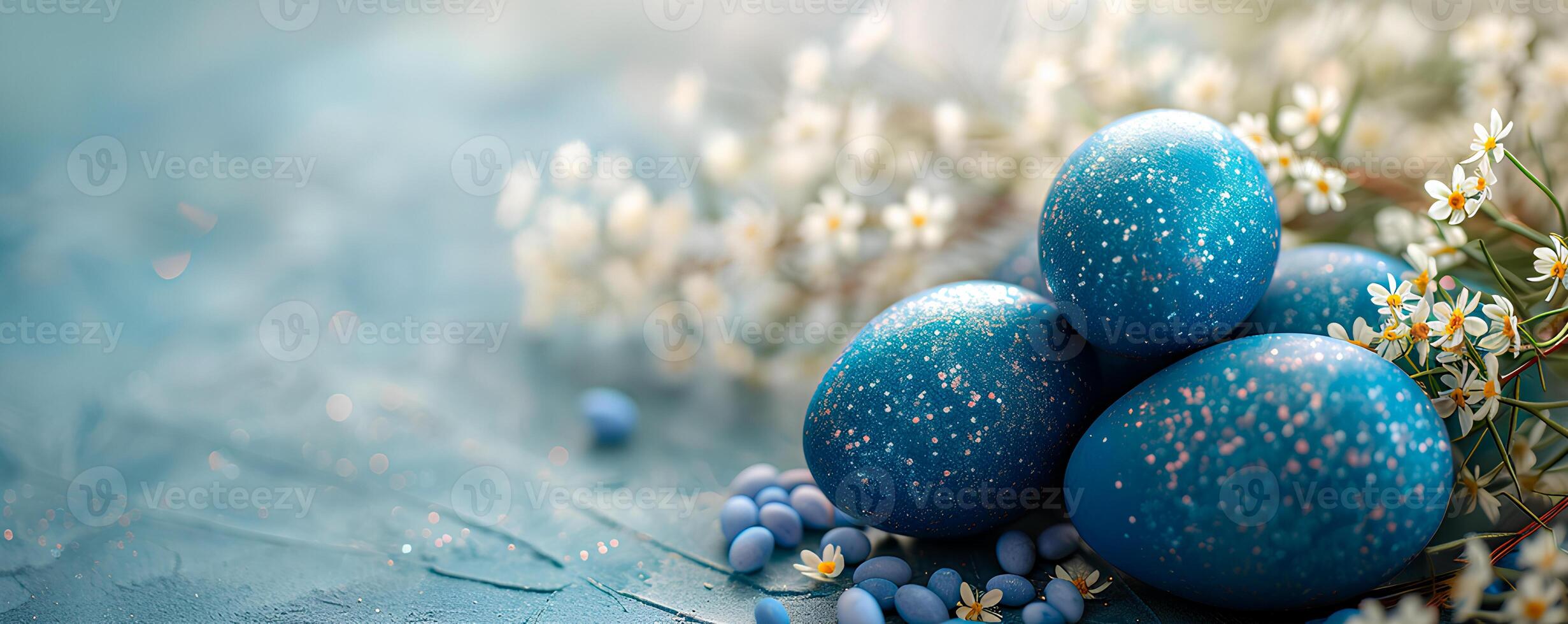 ai gerado desenho animado colori Páscoa ovos e Primavera flores com copyspace cartão em azul fundo, Páscoa feriado foto