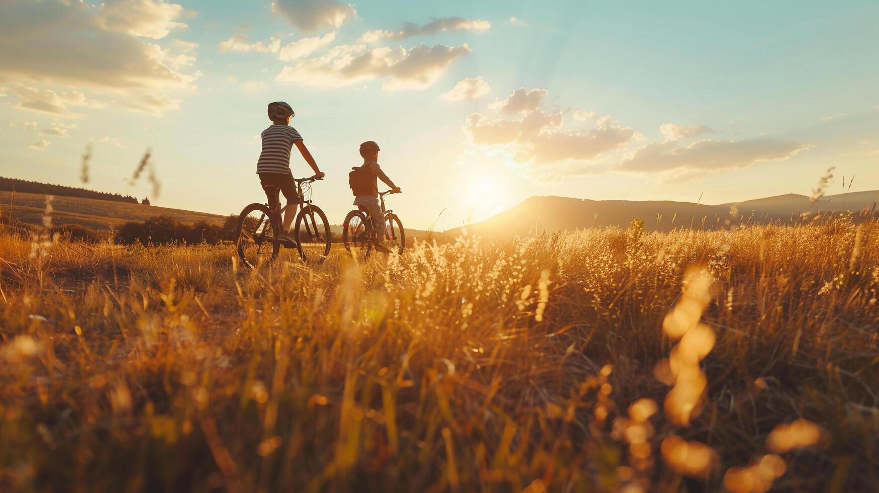 ai gerado uma feliz família desfrutando uma bicicleta passeio juntos dentro a campo foto