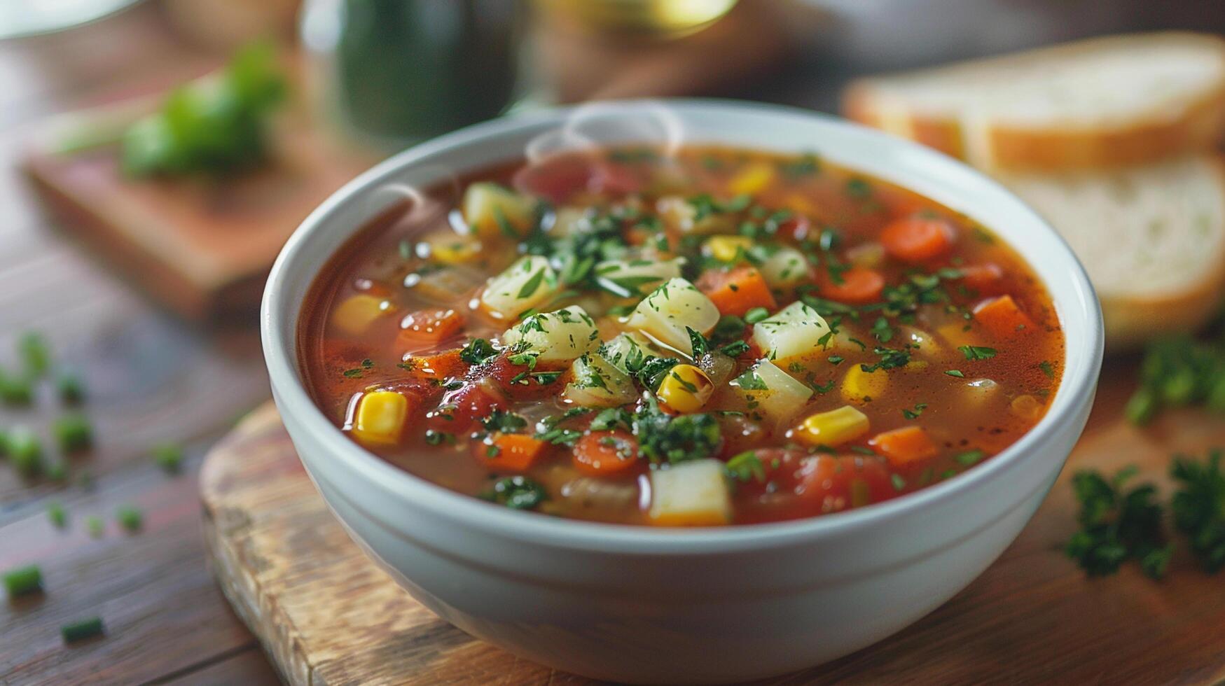 ai gerado uma tigela do caseiro sopa preenchidas com fresco legumes foto