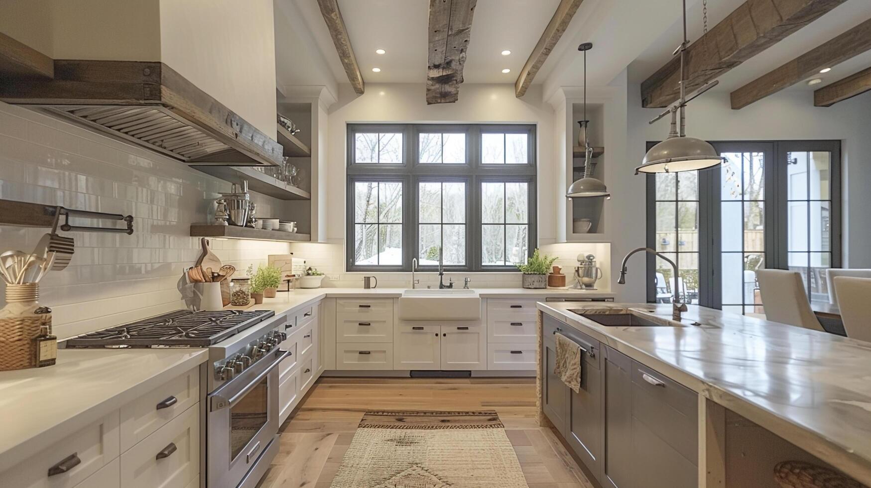 ai gerado interior brilhante espaçoso e moderno casa de fazenda estilo cozinha Projeto foto