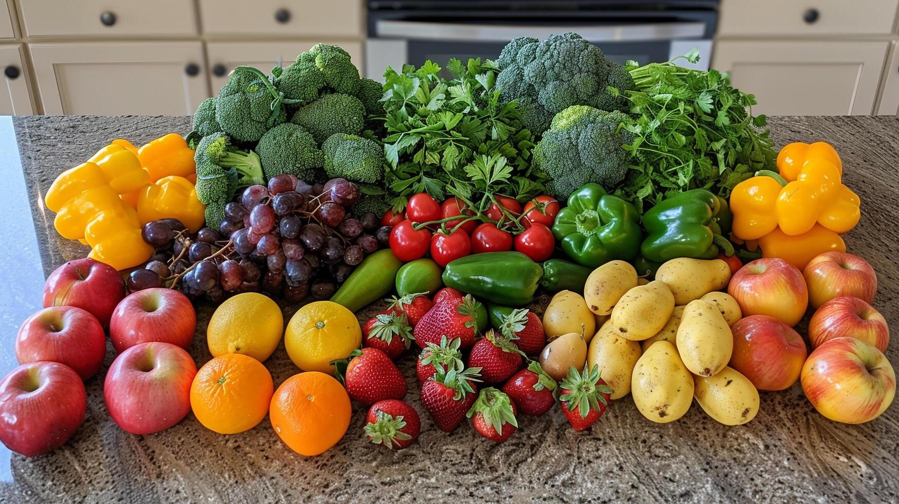 ai gerado uma colorida sortimento do fresco frutas e legumes em uma cozinha contador foto