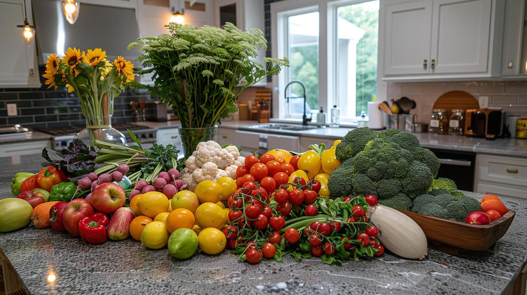 ai gerado uma colorida sortimento do fresco frutas e legumes em uma cozinha contador foto