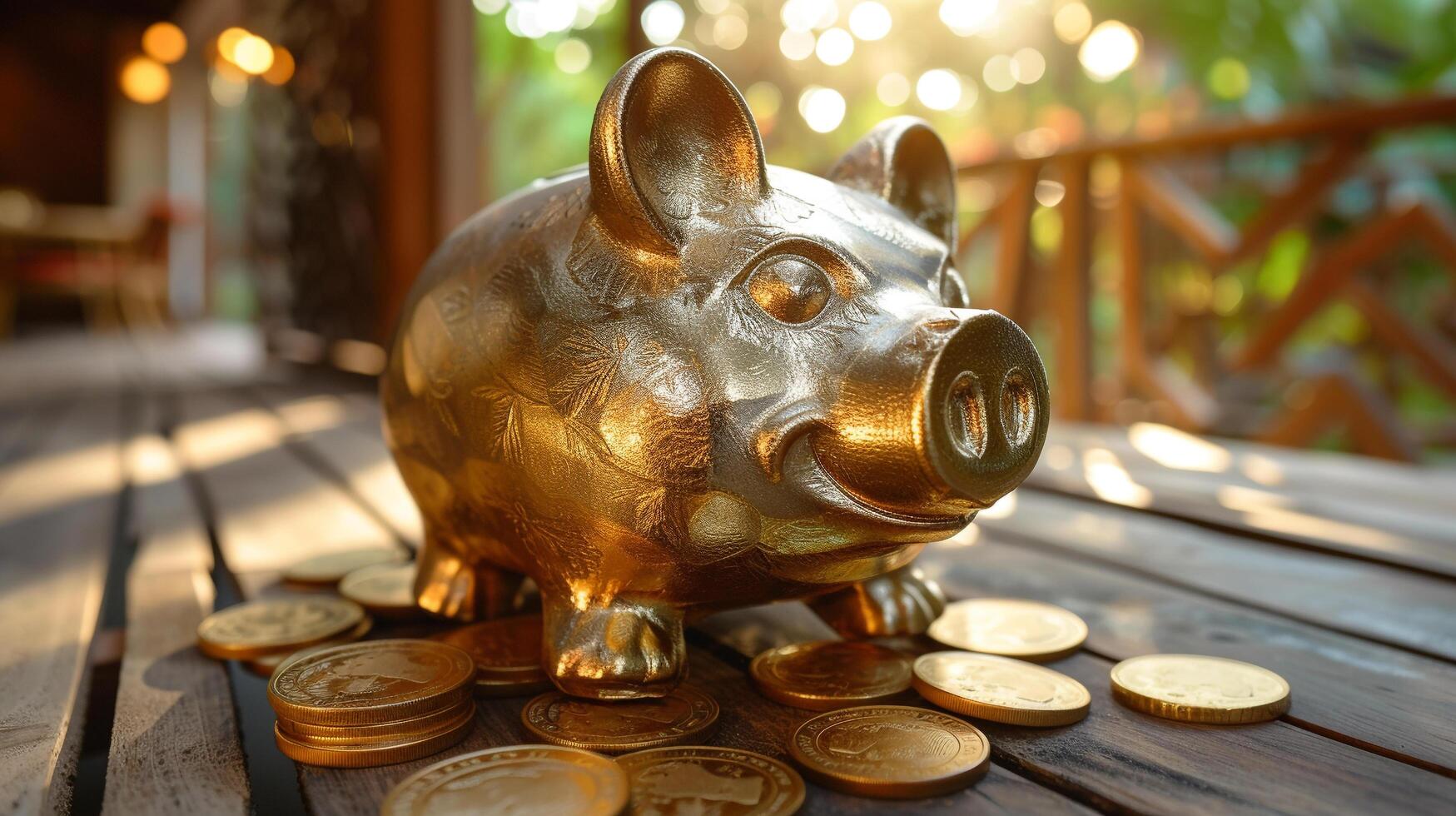 ai gerado dourado porquinho banco com ouro moedas foto