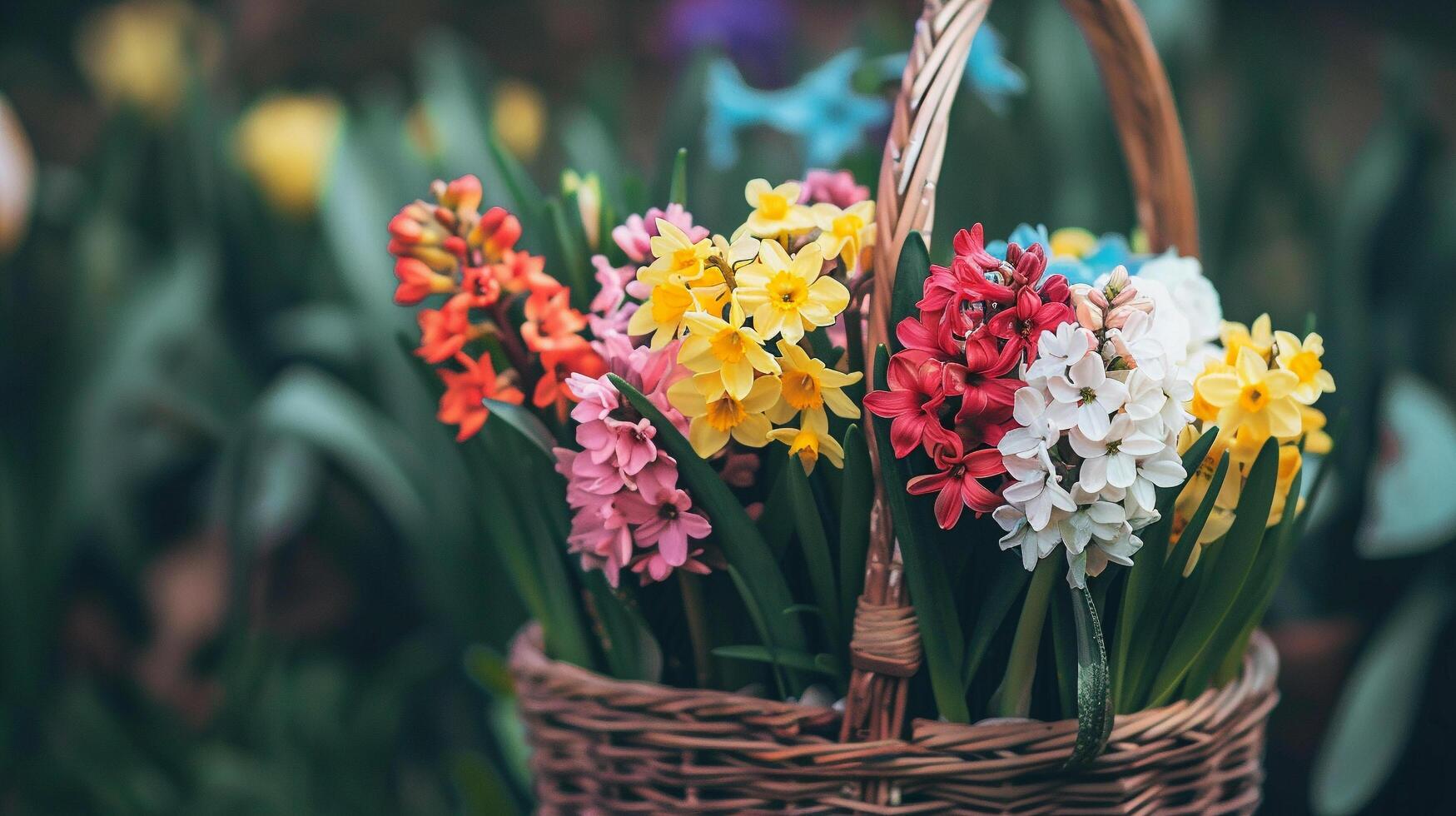 ai gerado uma fechar acima tiro do colorida Primavera flores arranjado dentro uma cesta simbolizando a beleza do a estação foto