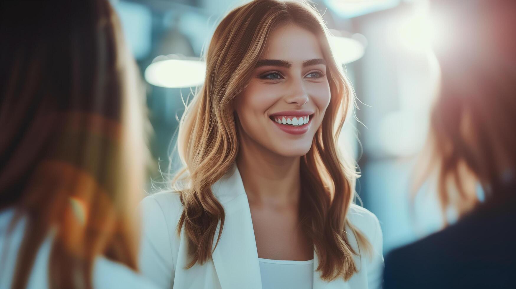 ai gerado retrato do jovem empresária capacitando de outros colegas dentro escritório local de trabalho foto