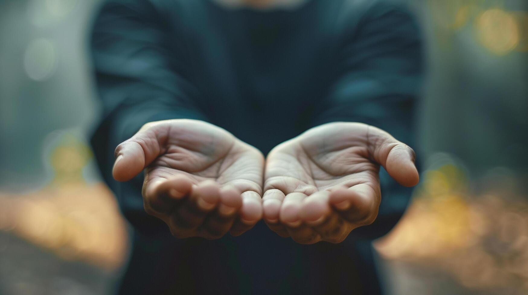 ai gerado humano mãos aberto Palma acima adoração Eucaristia terapia abençoar Deus ajudando arrepender-se católico Páscoa emprestado mente orar cristão conceito fundo foto