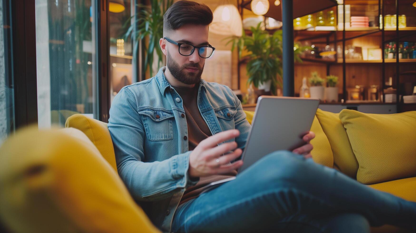 ai gerado digital nômade jovem homem usando digital tábua às a cafeteria, trabalhando controlo remoto e tecnologia conceito foto