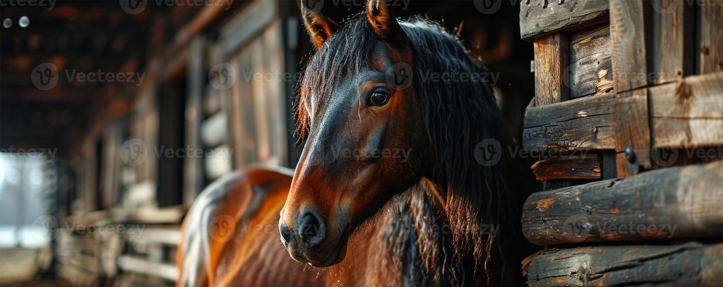 ai gerado uma cavalo espreitadelas Fora a partir de uma rústico de madeira estábulo, com uma suave foco em Está juba e olho.conceito sobre Fazenda vida e animal proteção foto