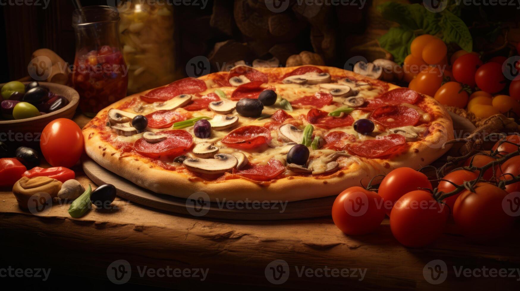 ai gerado fresco calabresa pizza com queijo e tomates foto