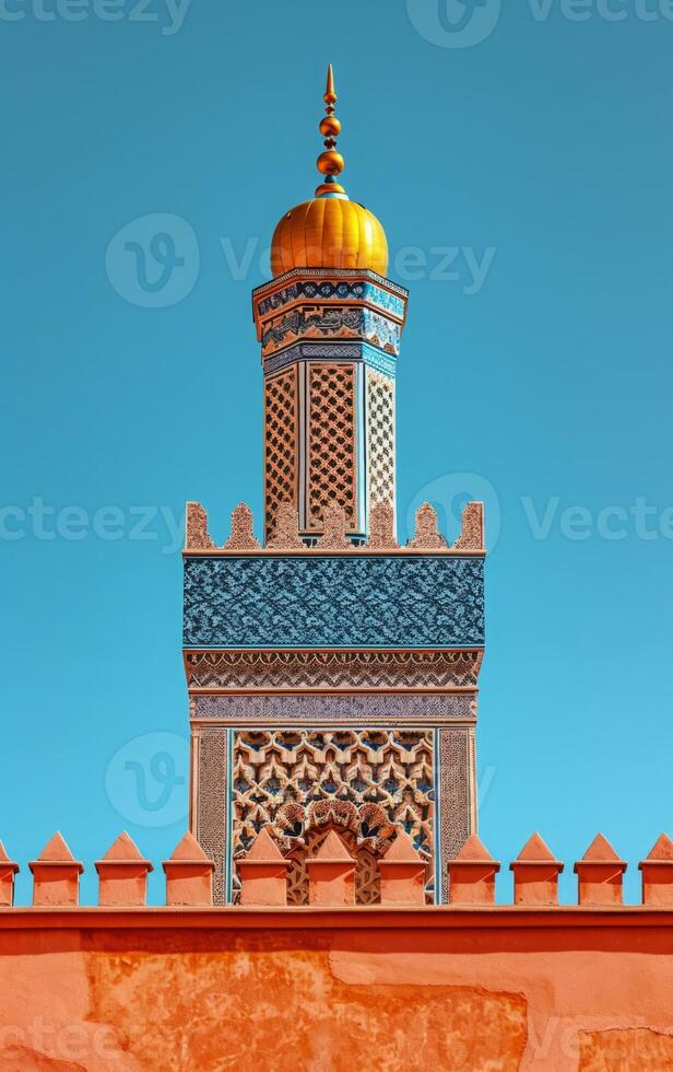 ai gerado a sofisticado padrões em uma minarete torre brilho brilhantemente contra uma vívido azul céu foto