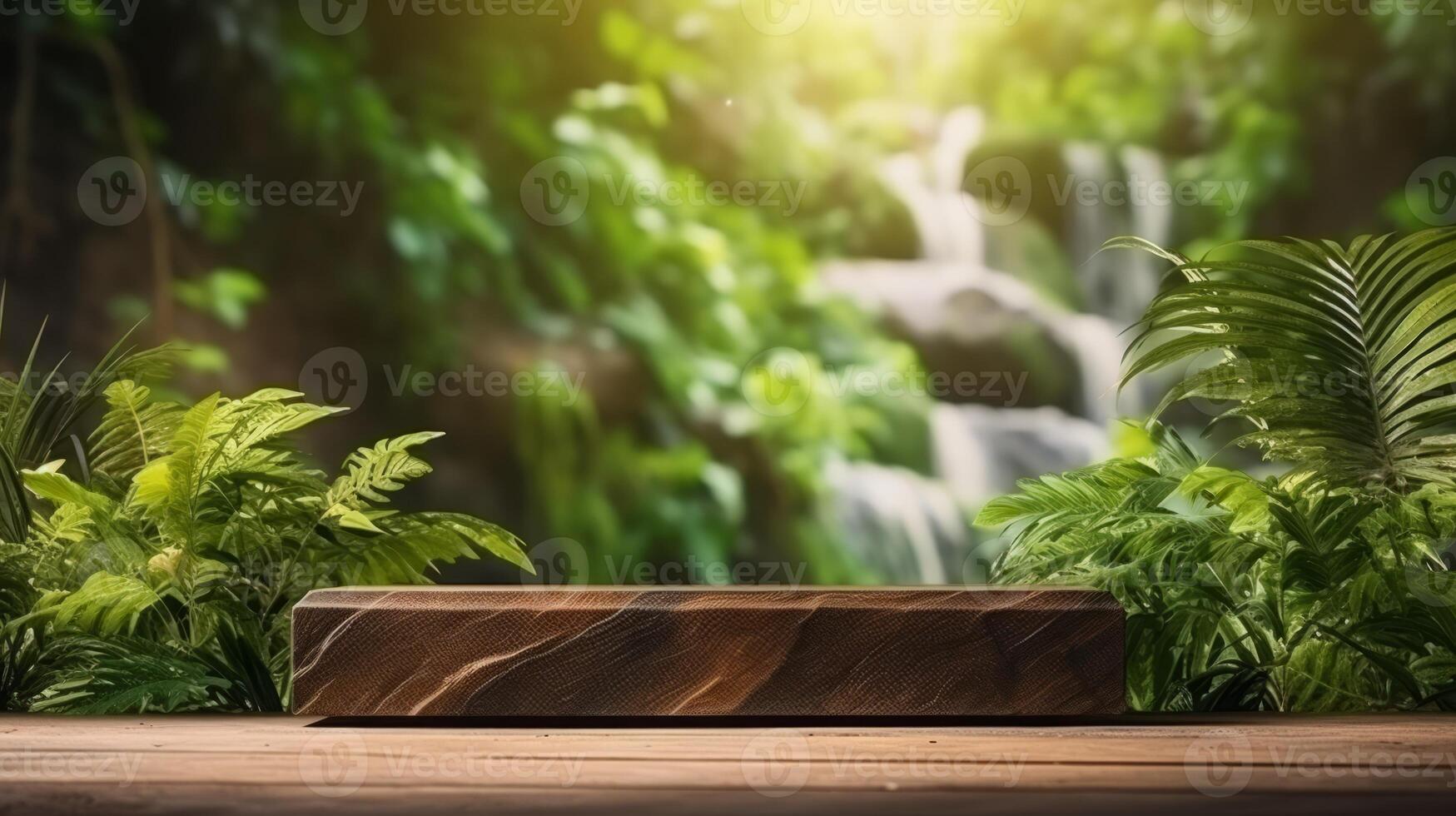 ai gerado de madeira pódio com floresta cascata fundo foto