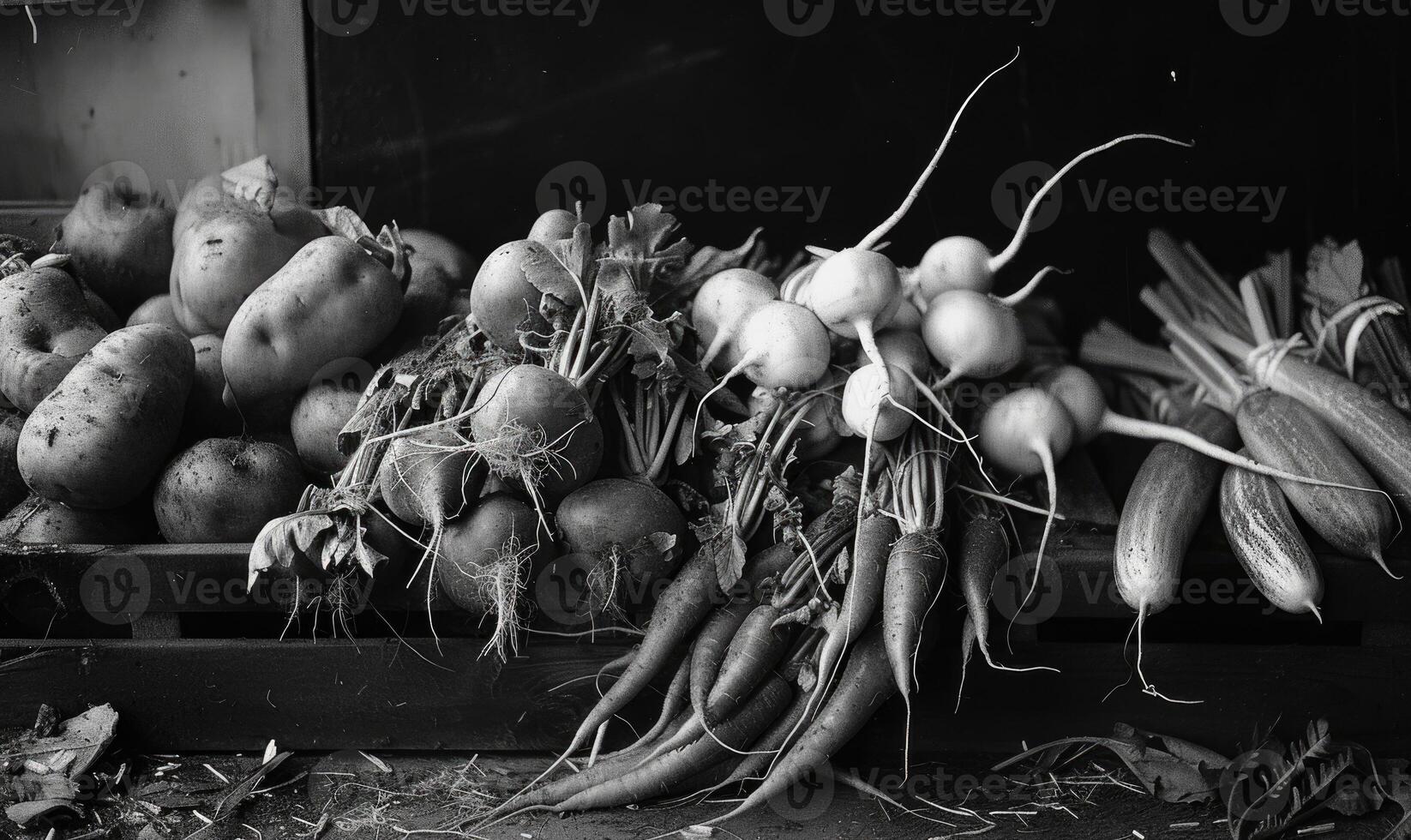 ai gerado colheita legumes. Preto e branco foto. foto