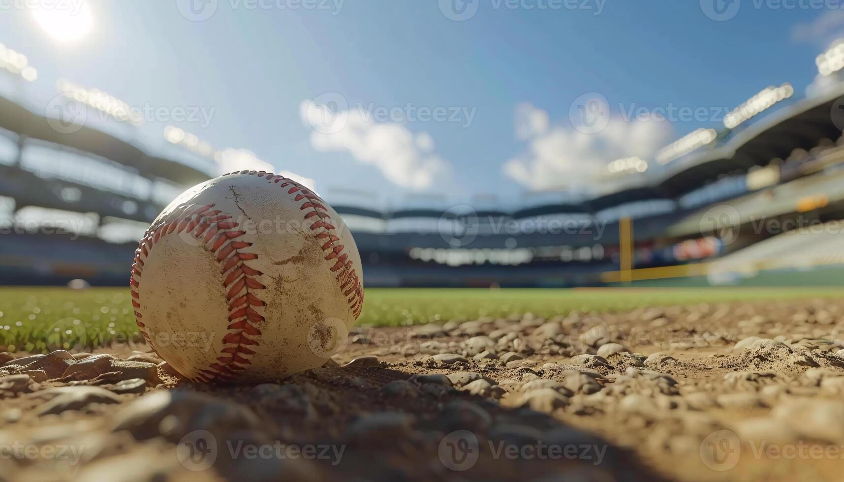 ai gerado branco couro beisebol em arremessador monte dentro estádio foto