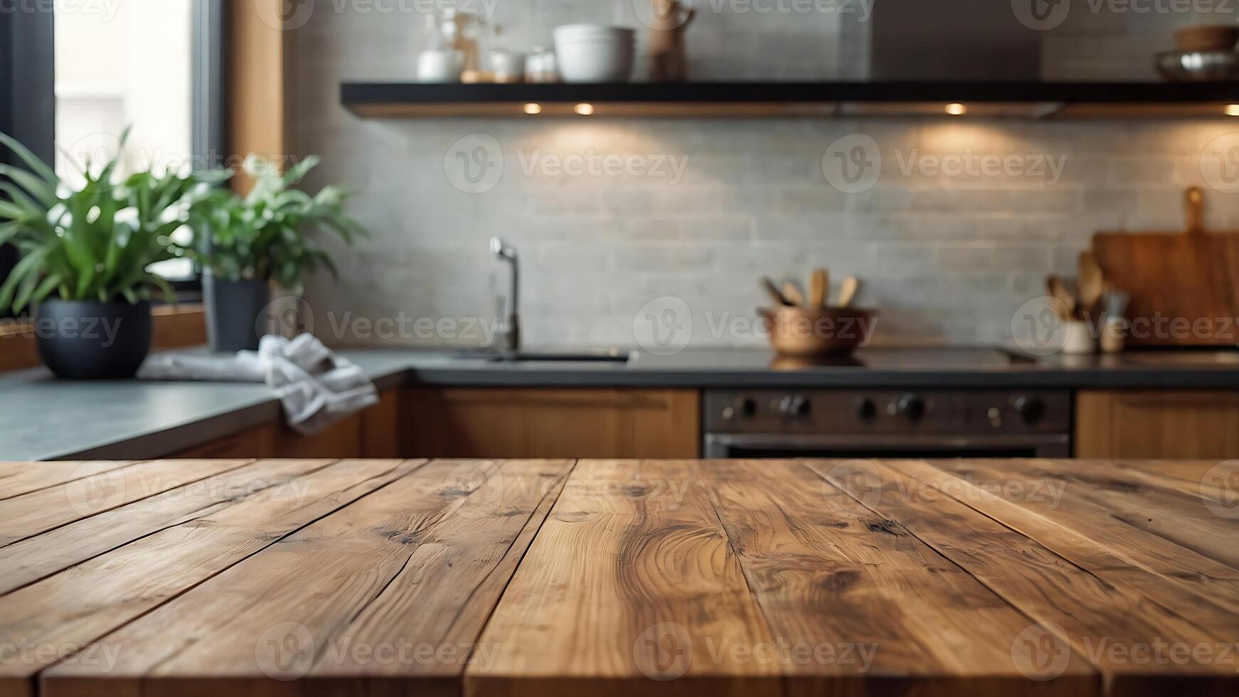 lindo madeira mesa topo e borrão bokeh moderno cozinha interior fundo dentro limpar \ limpo e brilhante, estúdio caloroso luz foto