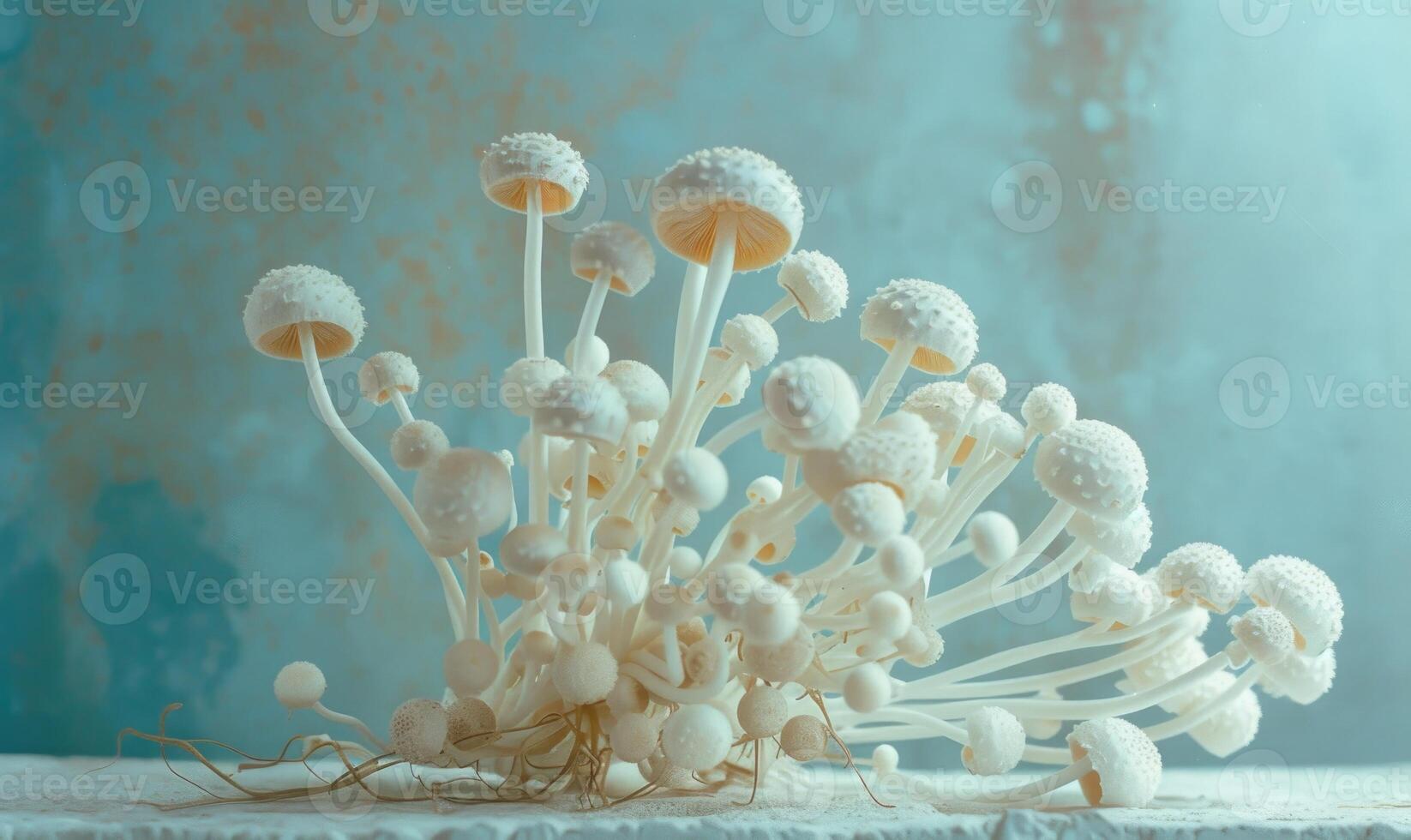 ai gerado branco shimeji cogumelos dentro uma vaso em uma azul fundo foto