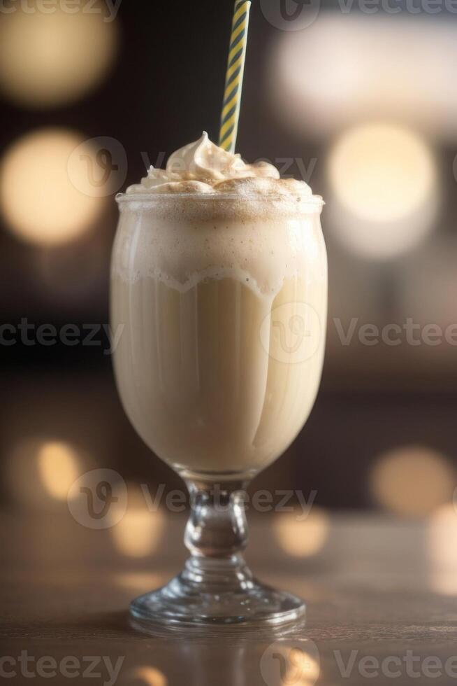 ai gerado uma milkshake com açoitado creme e uma Palha foto