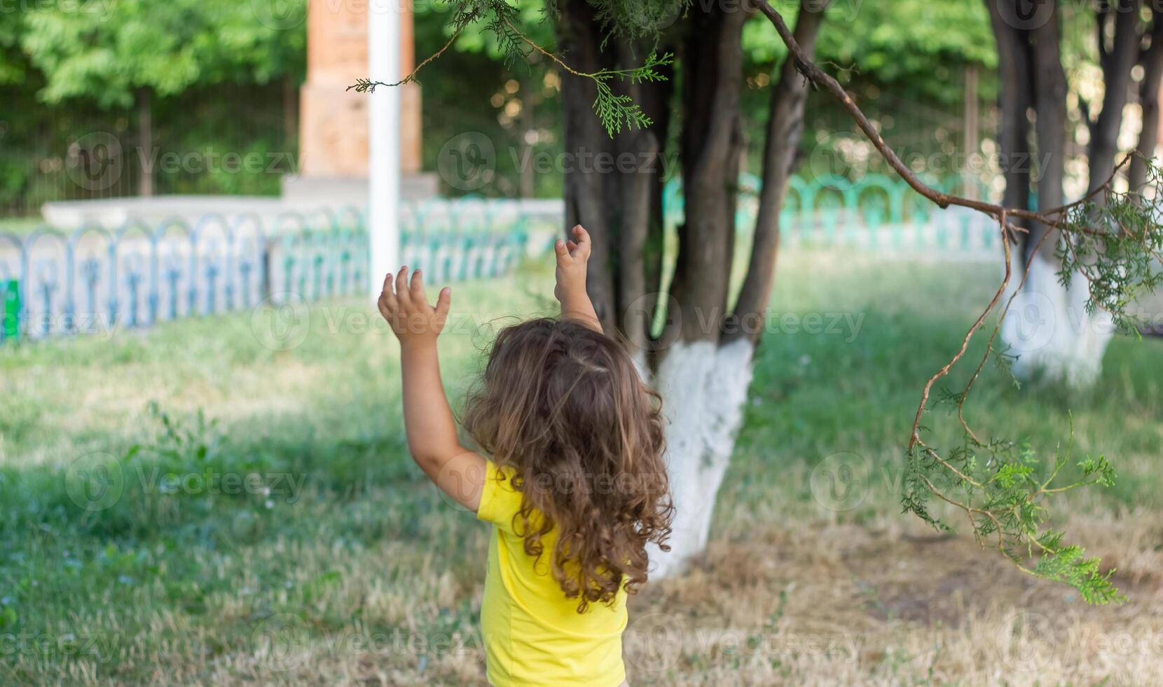 feliz pequeno Garoto jogando dentro a parque, grandes cabelo Garoto dentro a parque foto