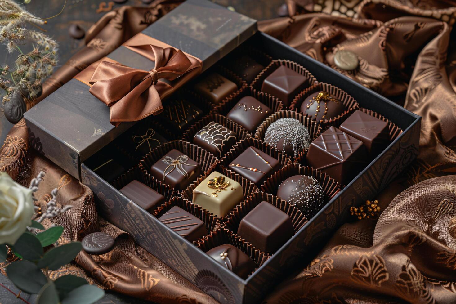 ai gerado elegante sortido chocolates dentro luxo caixa com ai gerado. foto