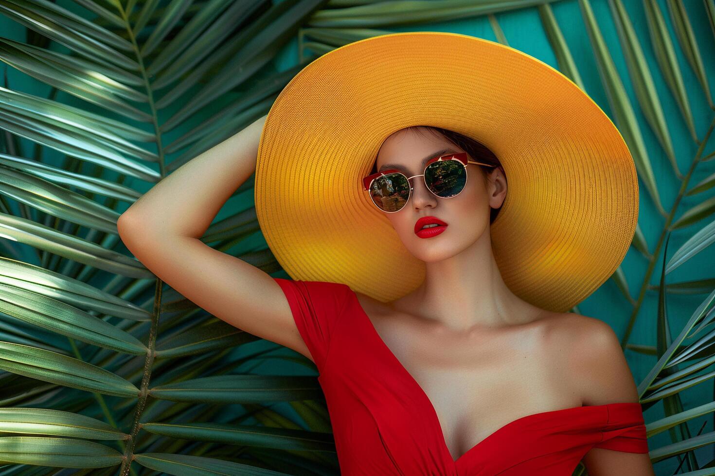 ai gerado elegante mulher dentro amarelo chapéu entre verde folhas. foto