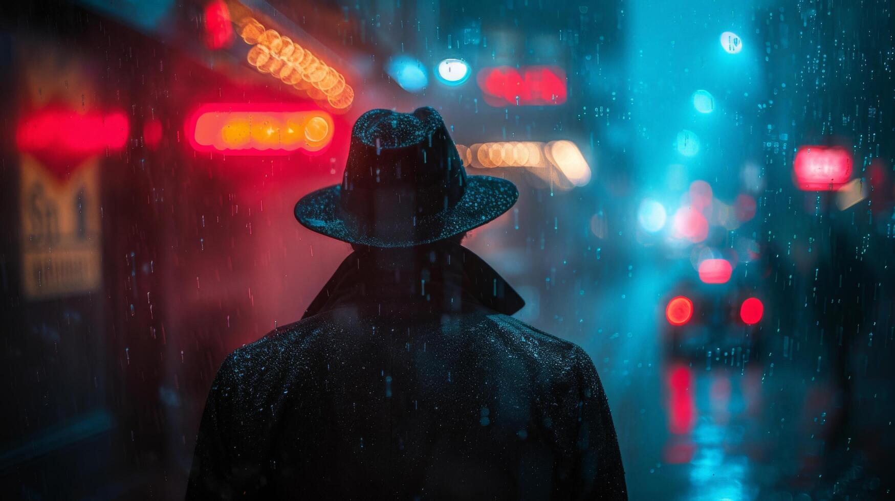 ai gerado homem dentro chapéu e casaco caminhando baixa chuvoso rua foto