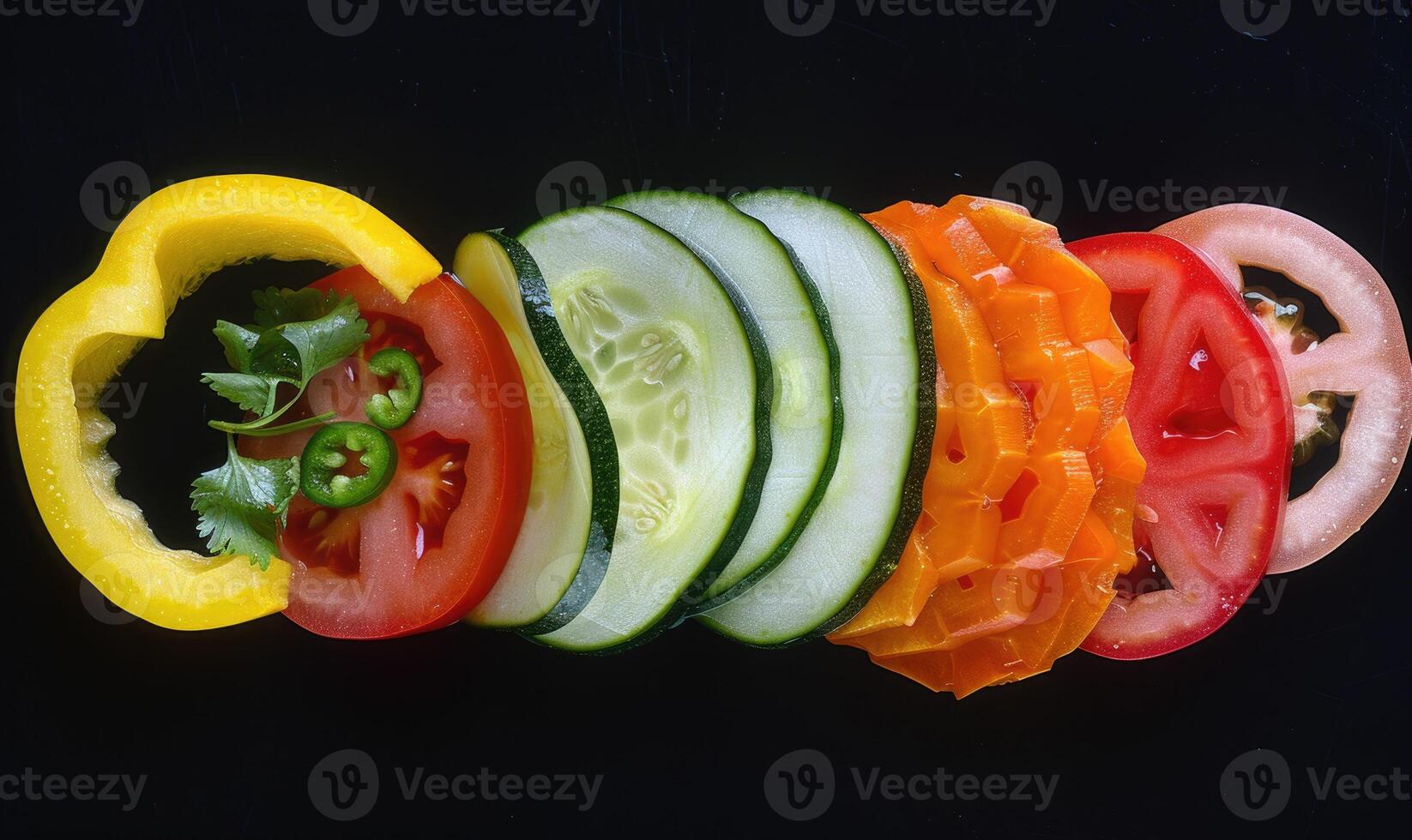 ai gerado fatiado legumes em uma Preto fundo. vegetariano Comida. foto