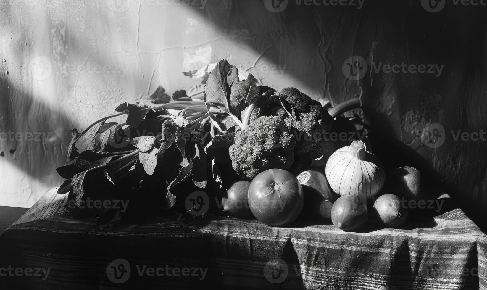 ai gerado ainda vida com legumes em uma rústico fundo. Preto e branco. foto