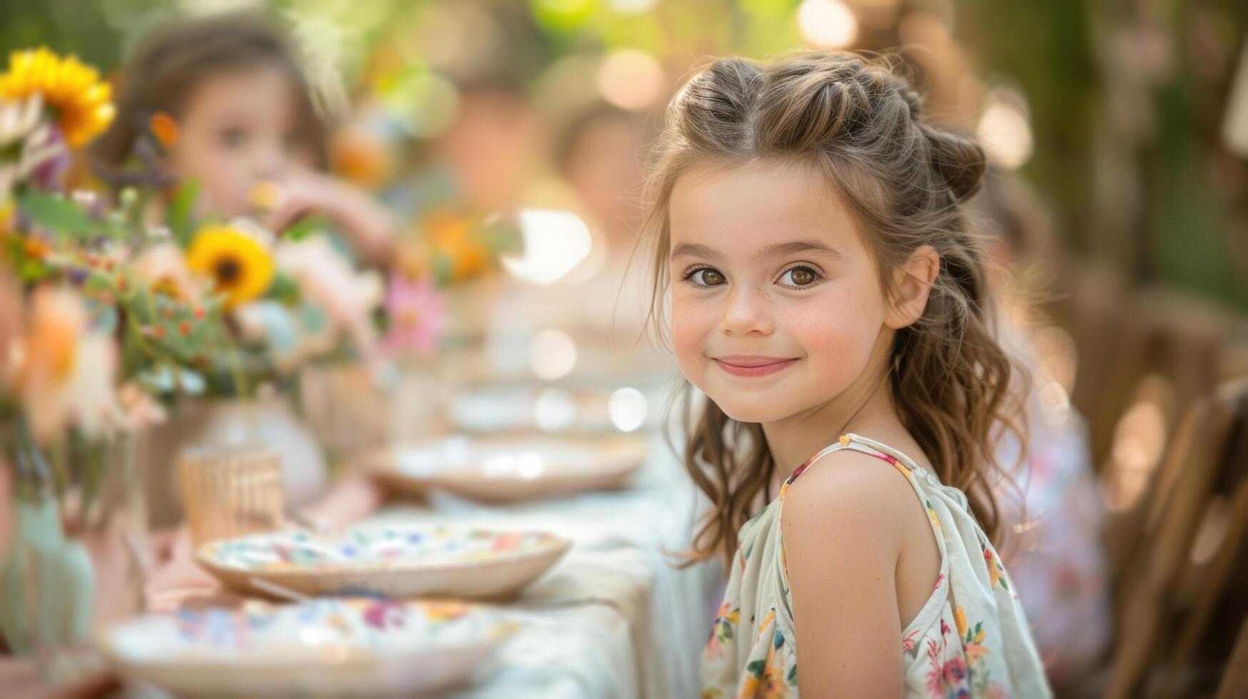 ai gerado pequeno menina em pé dentro frente do mesa foto