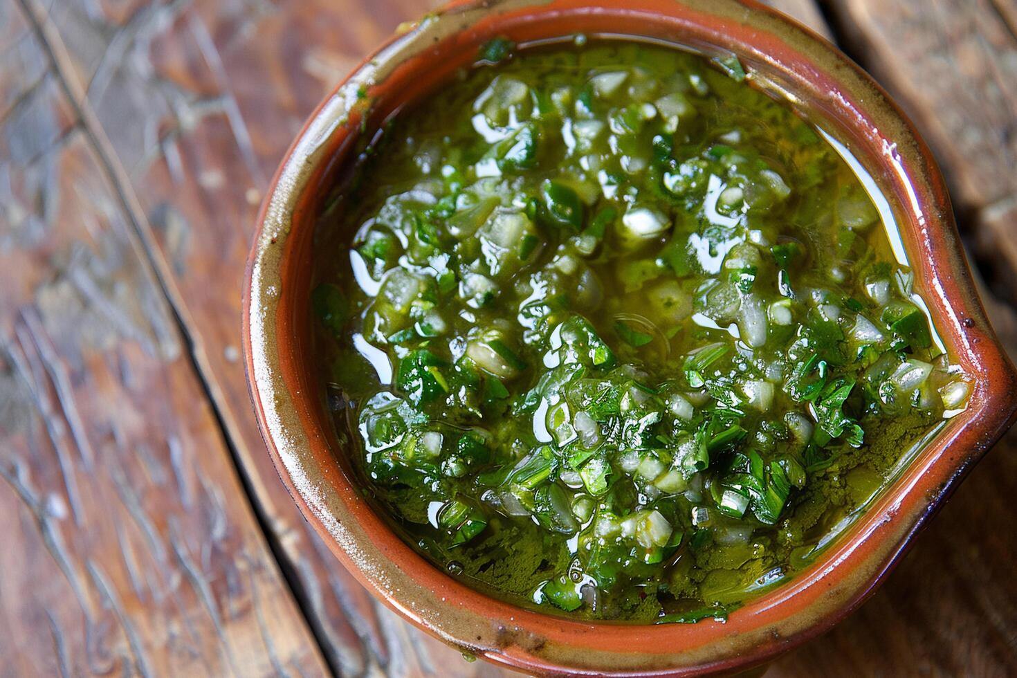 ai gerado chimichurri molho dentro rústico tigela. foto