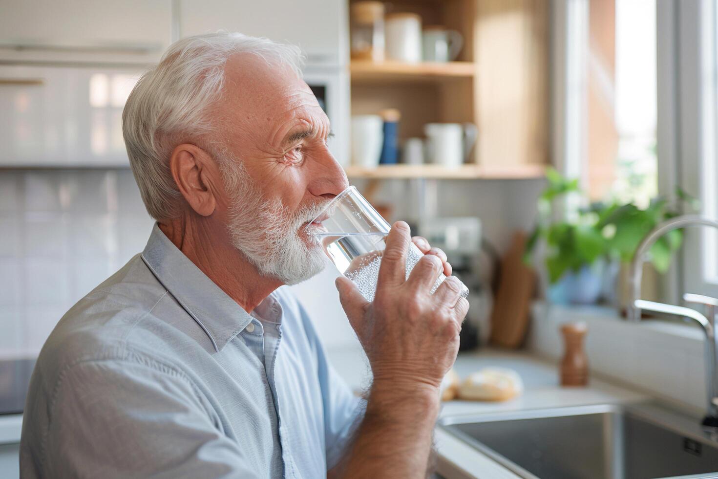 ai gerado Senior homem sorridente enquanto bebendo água com ai gerado. foto