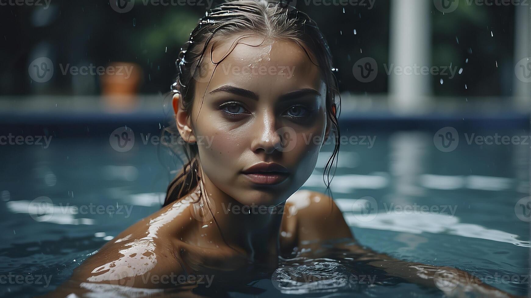 ai gerado retrato do uma bonita menina dentro a piscina, molhado retrato, molhado gir dentro a piscina, mulher é natação dentro a piscina foto