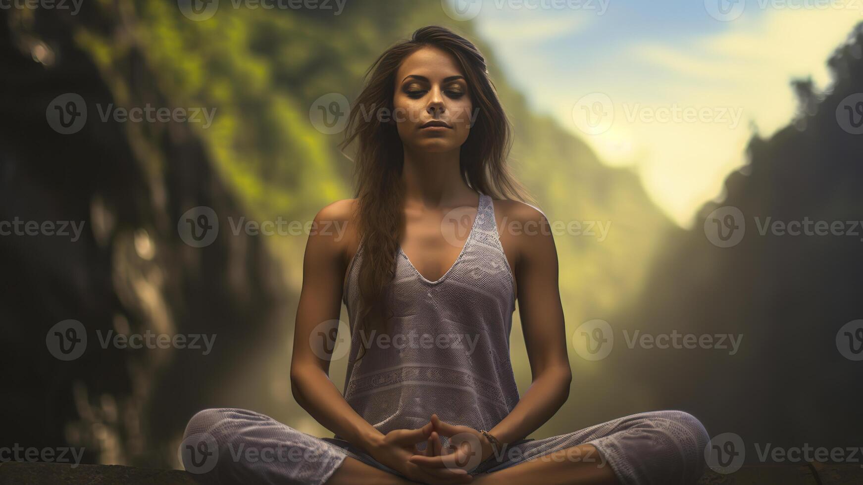 ai gerado bonita jovem mulher fazendo ioga dentro a natureza, ioga Tempo dentro a natureza, mulher relaxante dentro a natureza, bonita mulher fazendo ioga exercício foto