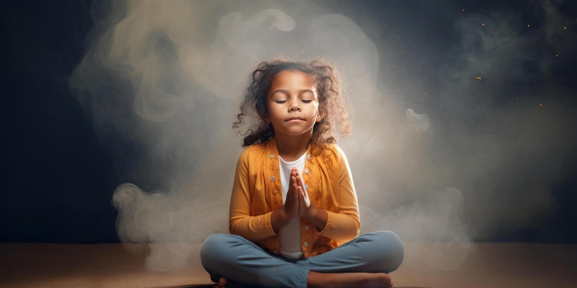 ai gerado jovem menina sentado em a chão e meditando foto