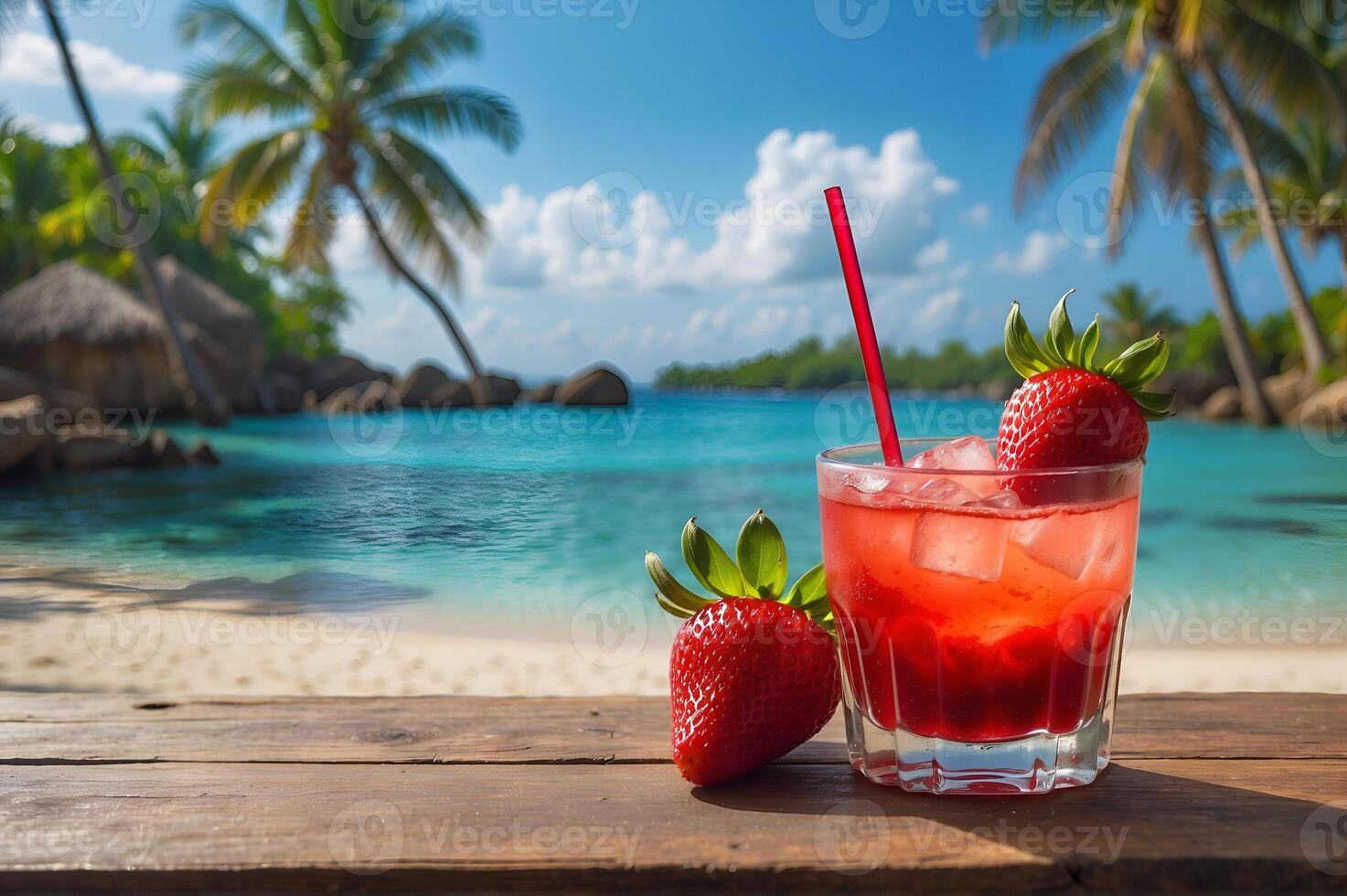 ai gerado uma morango daiquiri coquetel beber em uma de madeira mesa negligenciar uma tropical lagoa. foto