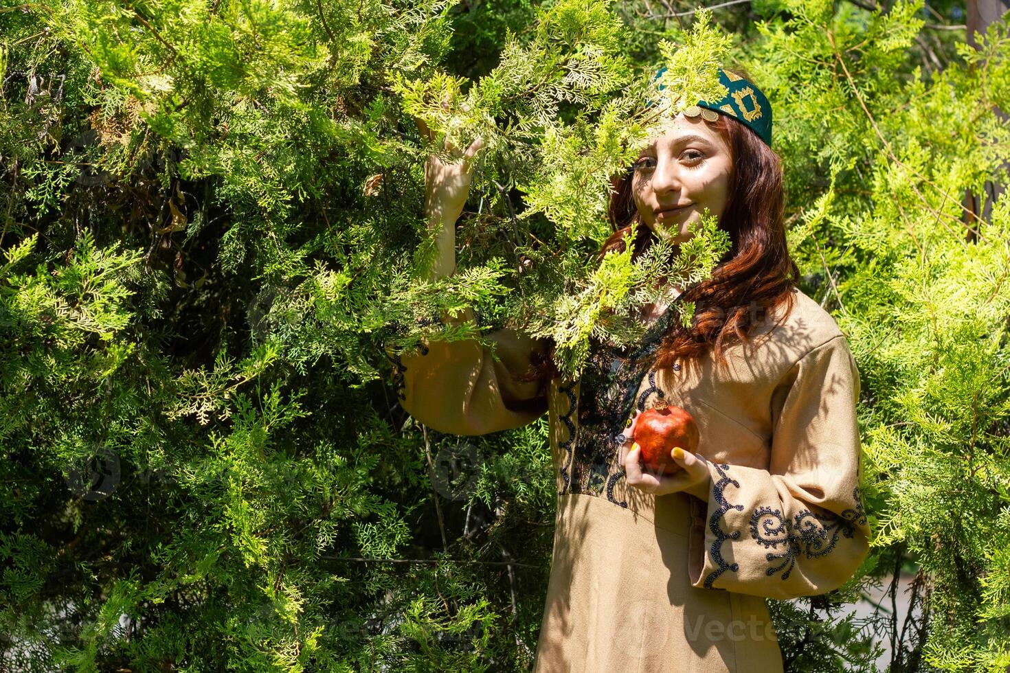 armênio jovem mulher dentro tradicional roupas dentro a natureza dentro verão foto