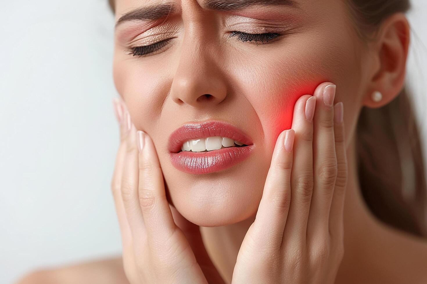 ai gerado jovem mulher experimentando dor de dente, suavemente segurando dela face dentro desconforto e preocupação foto