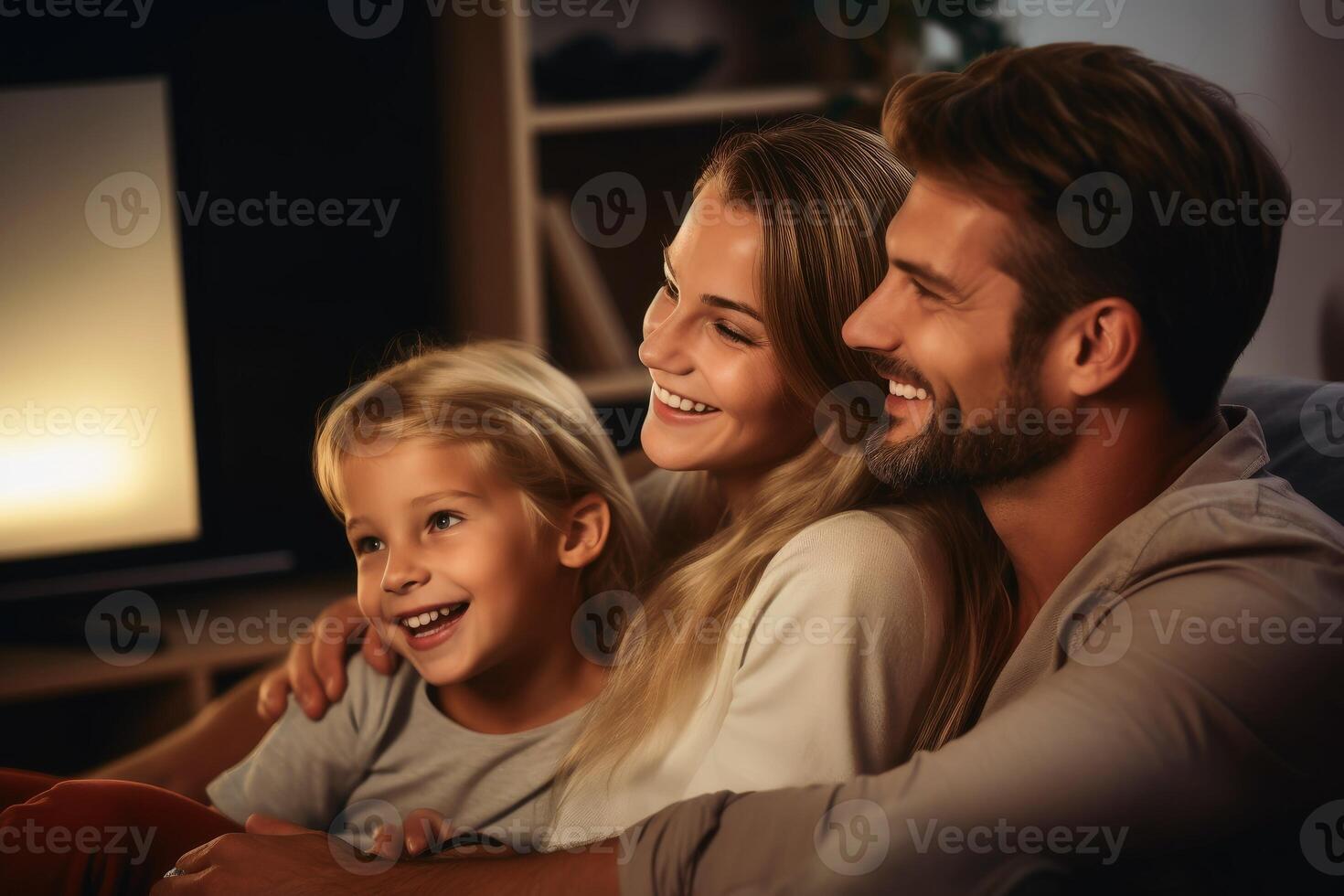 ai gerado uma feliz família dentro a vivo sala. ai gerado foto