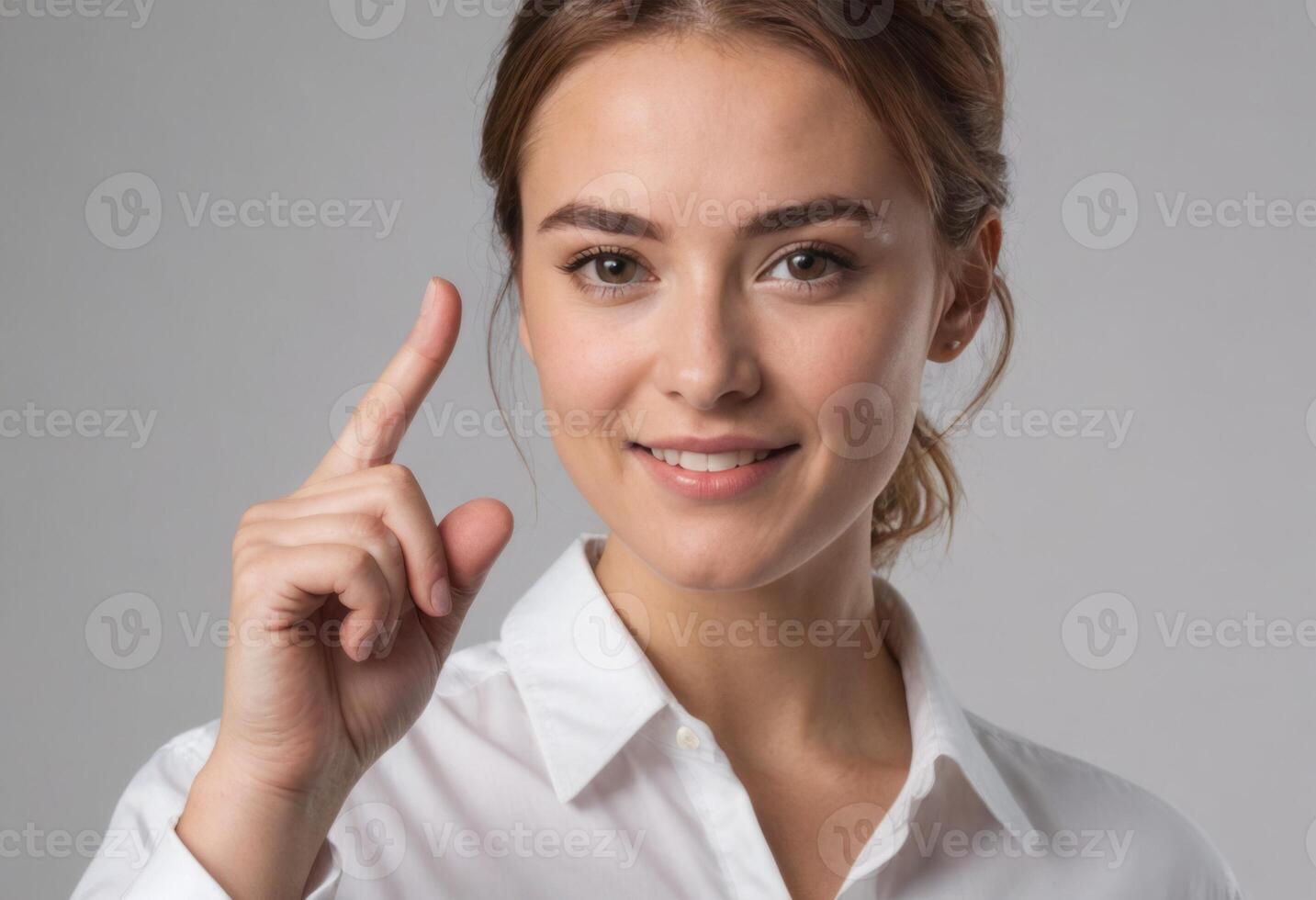 ai gerado uma confiante mulher dentro uma branco camisa fazer uma dedo ponto gesto, cinzento fundo. dela focado Veja e pose sugerir assertividade e clareza. foto