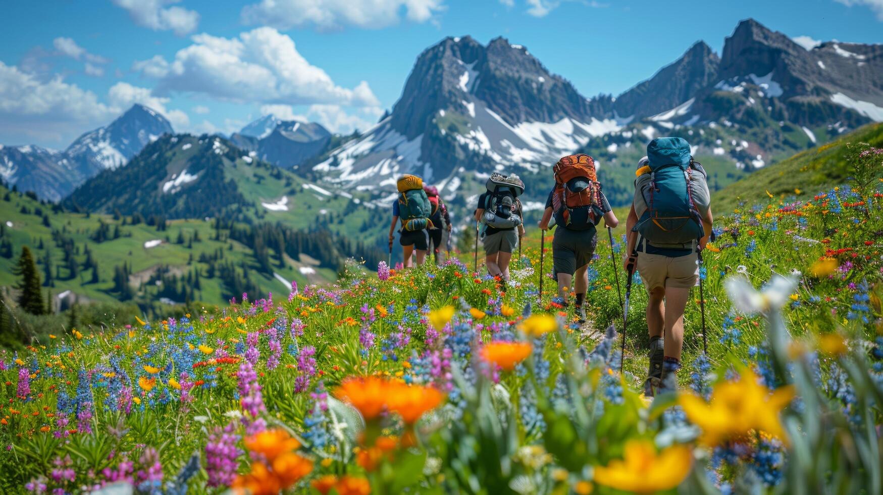 ai gerado uma tirar o fôlego imagem do caminhantes caminhada acima uma montanha trilha foto