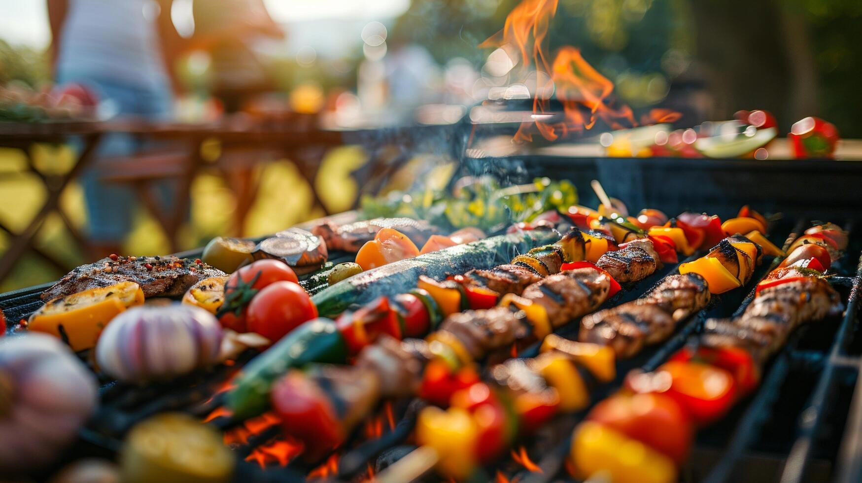 ai gerado uma festivo cena do amigos ou família desfrutando uma churrasco festa ao ar livre foto