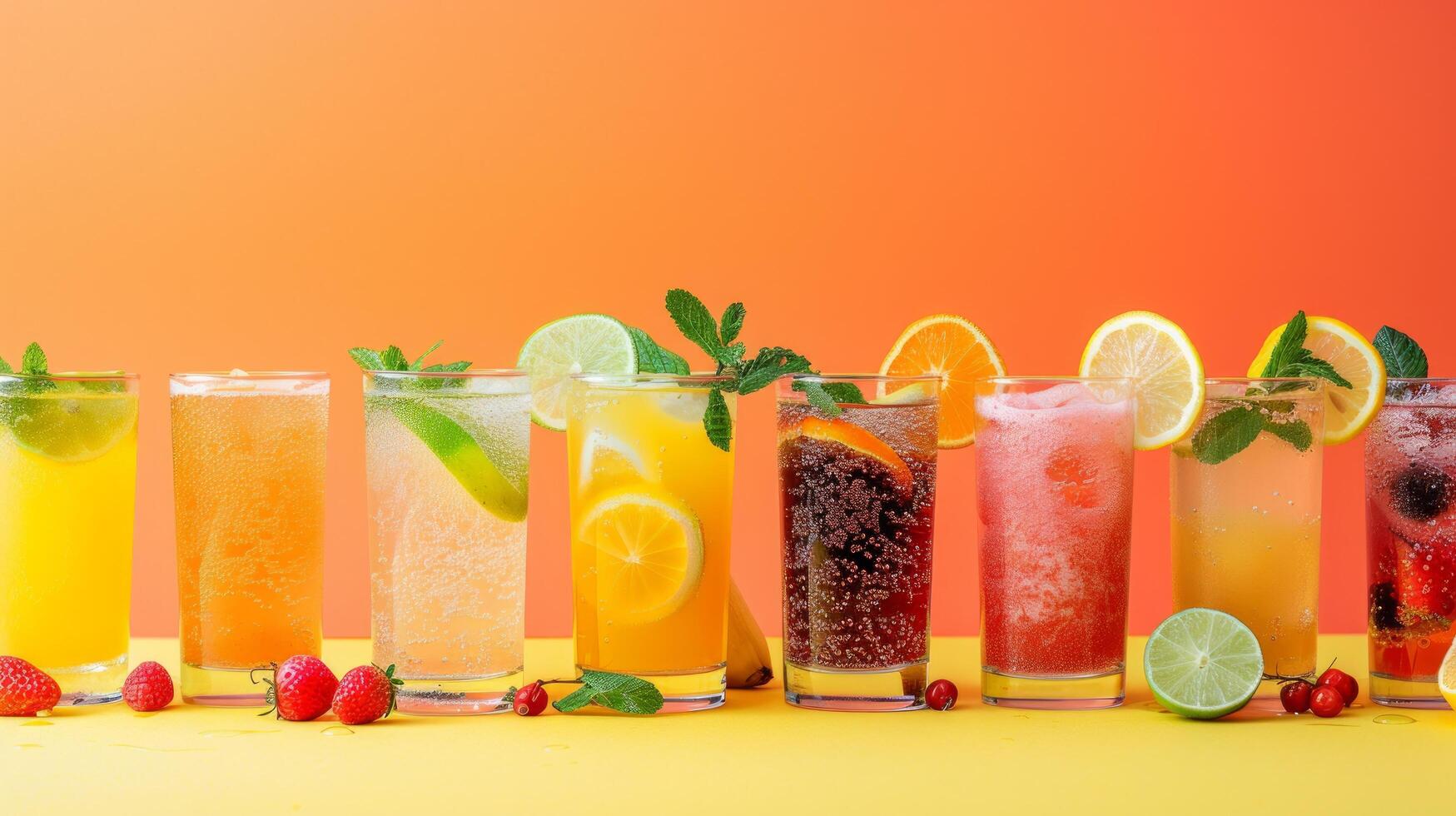 ai gerado uma minimalista arranjo do colorida verão bebidas, Incluindo limonada e fruta batidos foto