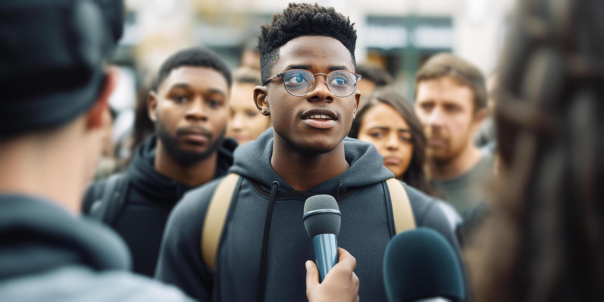 ai gerado uma jovem africano americano homem fala para repórteres dentro frente do pessoas foto