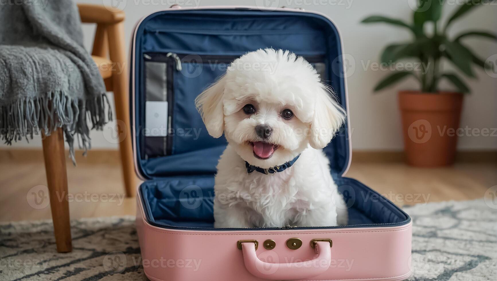 ai gerado fofa cachorro com uma mala de viagem dentro a apartamento foto
