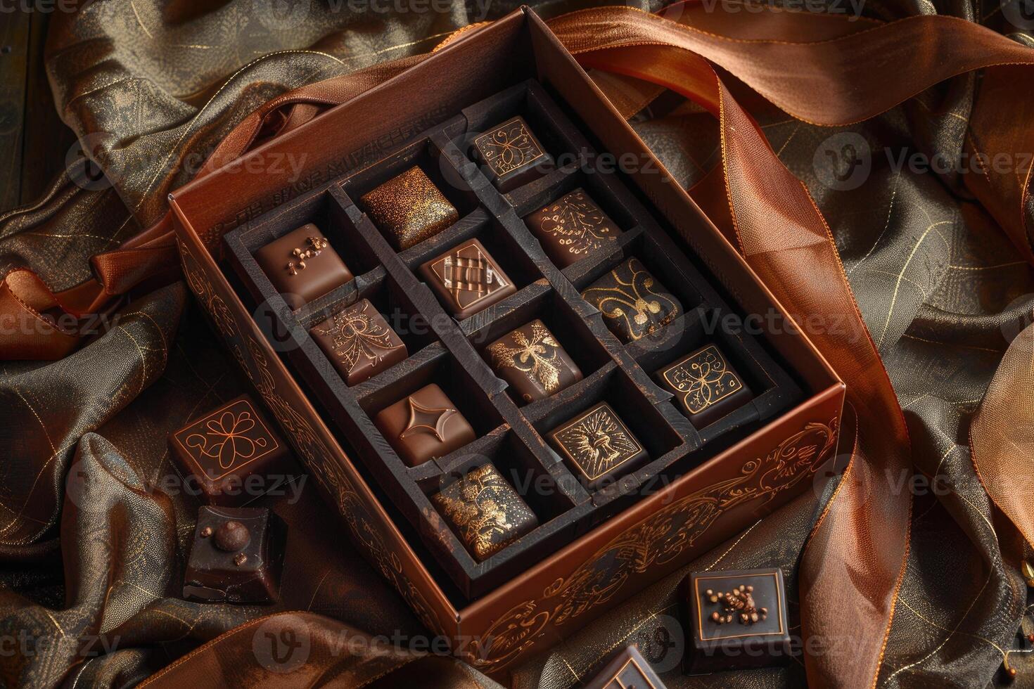 ai gerado luxo conjunto do chocolate doces dentro uma presente caixa foto