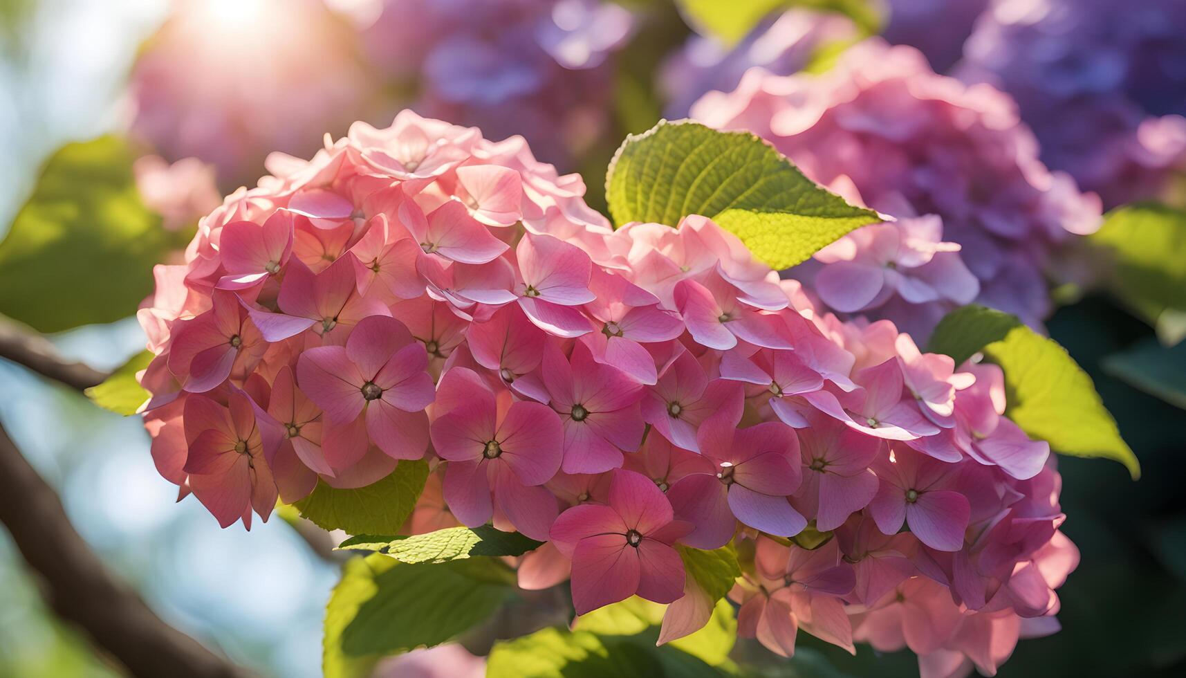 ai gerado hortênsia flores dentro a Sol foto