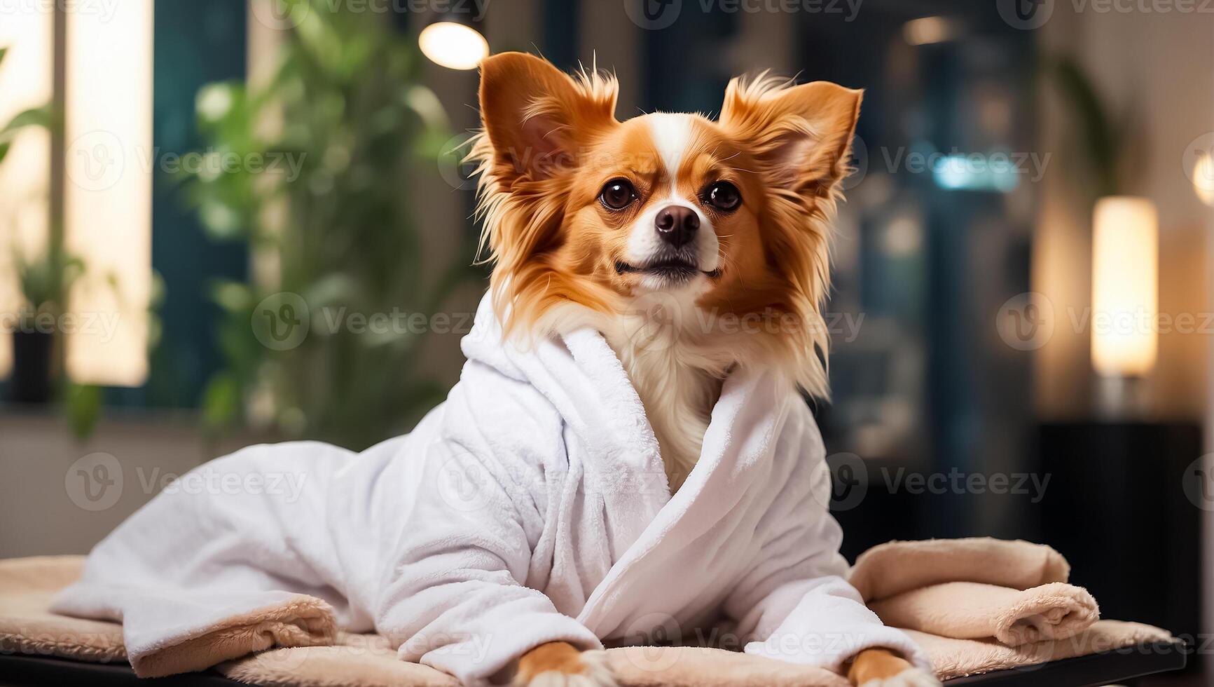 ai gerado lindo cachorro dentro uma roupão de banho dentro uma spa salão em repouso foto