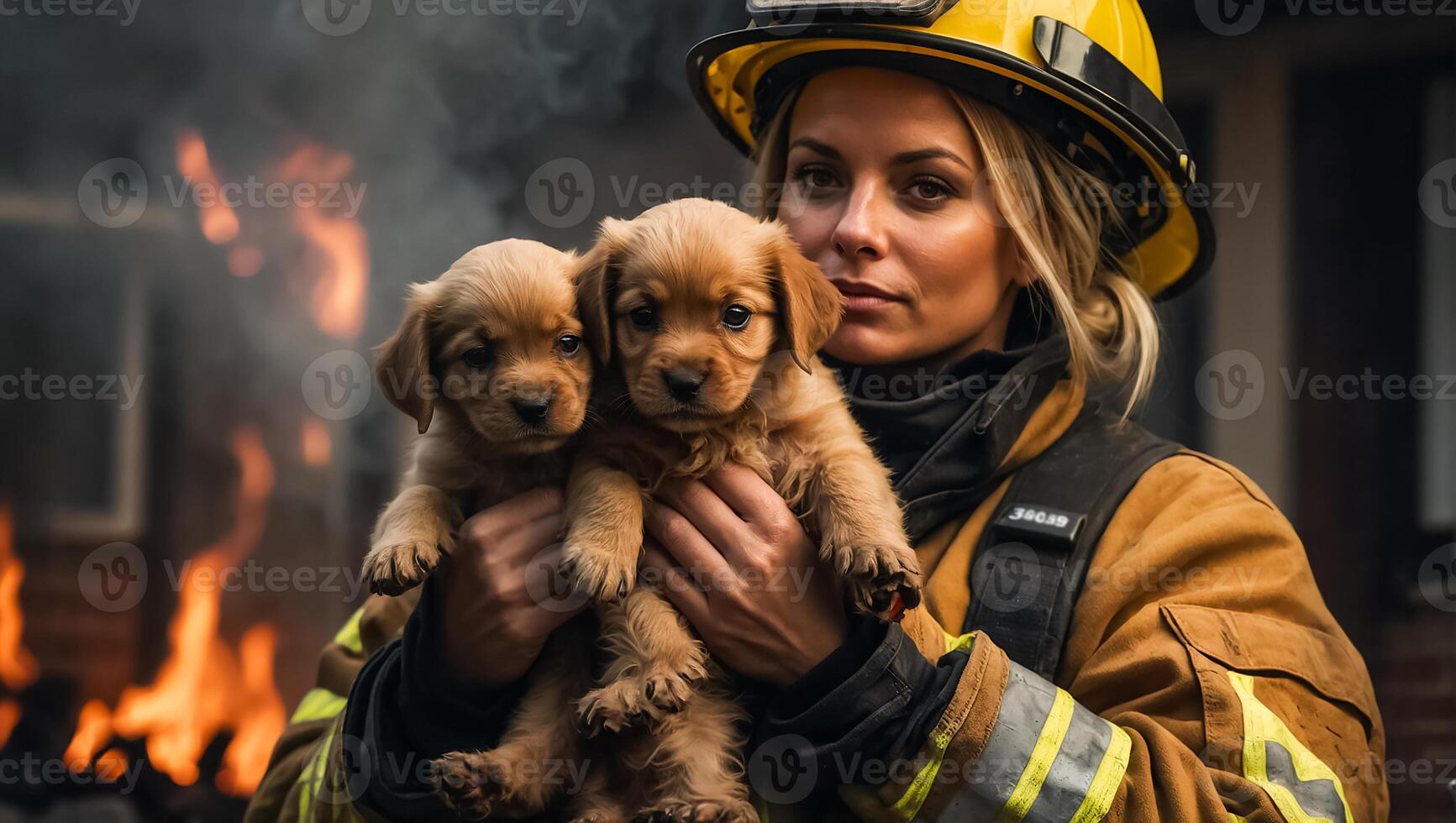 ai gerado retrato do uma fêmea bombeiro segurando uma resgatado cachorro dentro dela braços foto