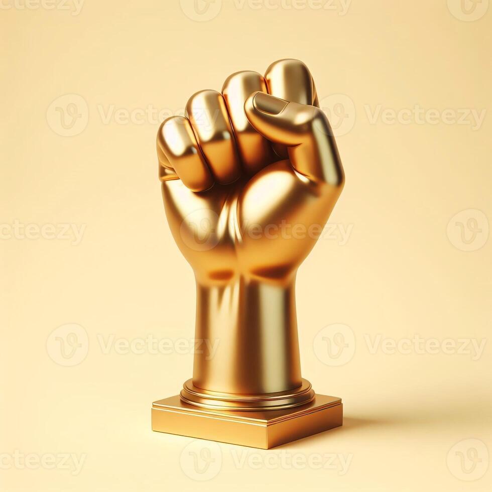 ai gerado uma 3d dourado cerrado punho simbolizando poder, vitória, ou desafio, isolado em uma suave bege fundo. foto