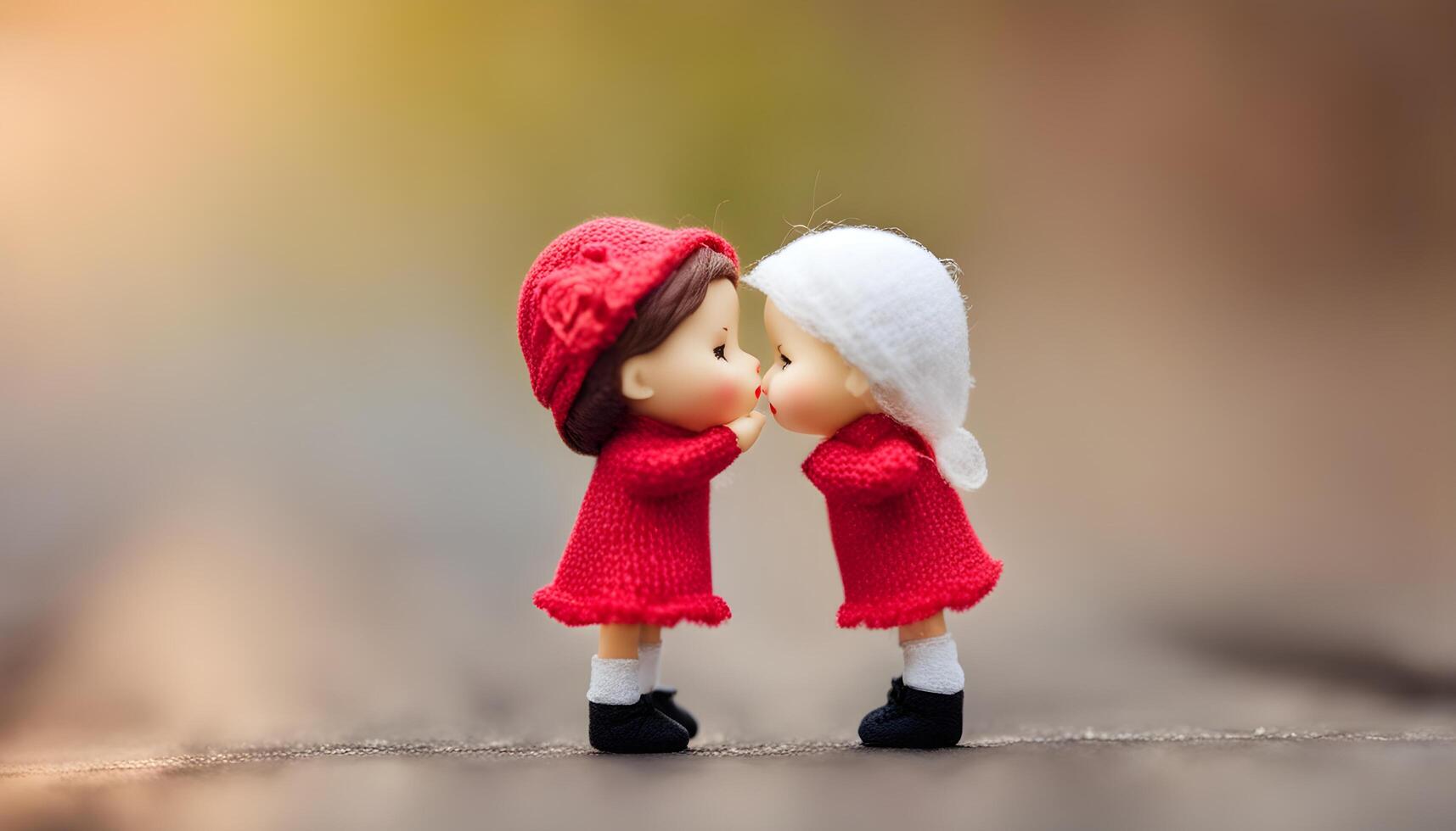 ai gerado dois miniatura bonecas se beijando em uma de madeira superfície foto